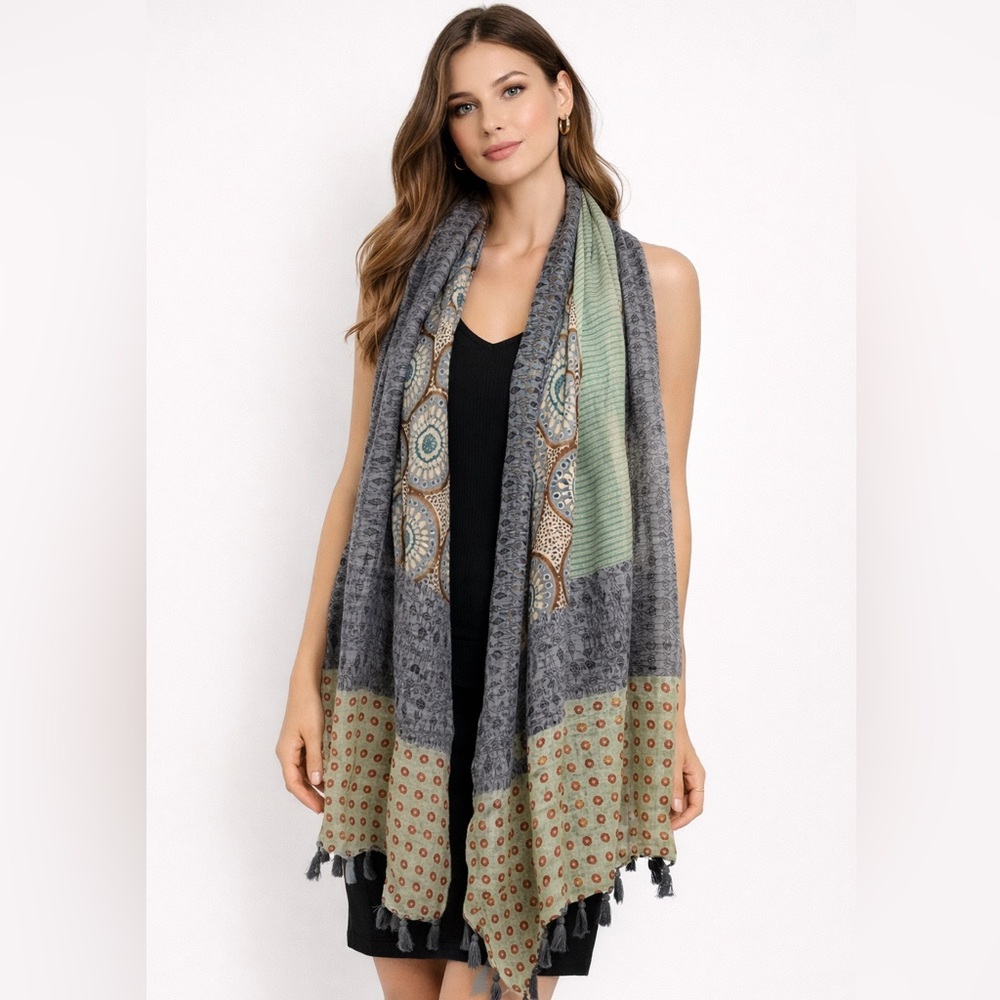Boho Lightweight Printed Scarf with Tassels | Gray Green Multi | One Size